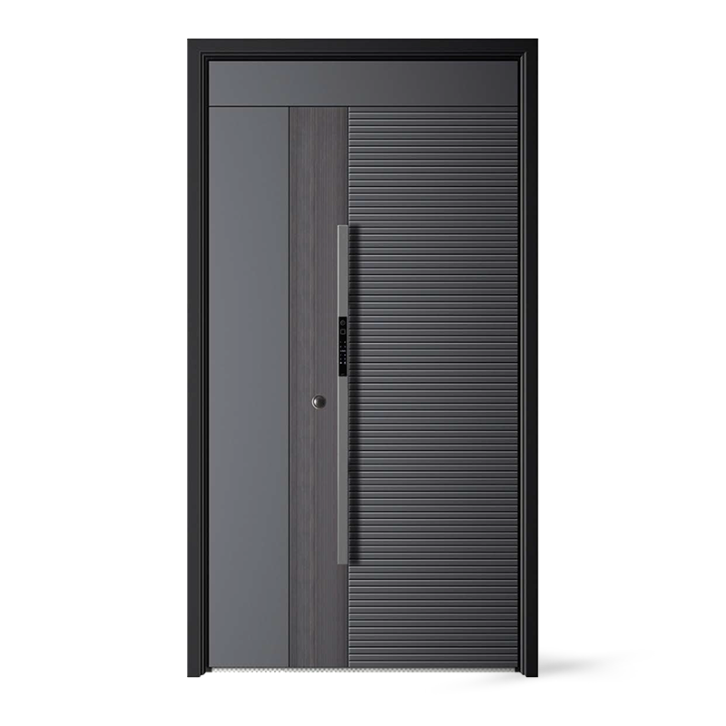 Porta frontal de aço exterior de metal com inserção de vidro com design cinza Porta frontal de aço exterior de metal com inserção de vidro com design cinza