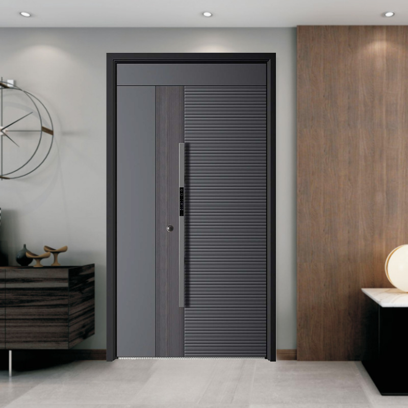 Porta frontal de aço exterior de metal com inserção de vidro com design cinza